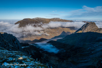 The view across Cwm Bochlwyd and Llyn Ogwen to the Carneddau with Tryfan on the right